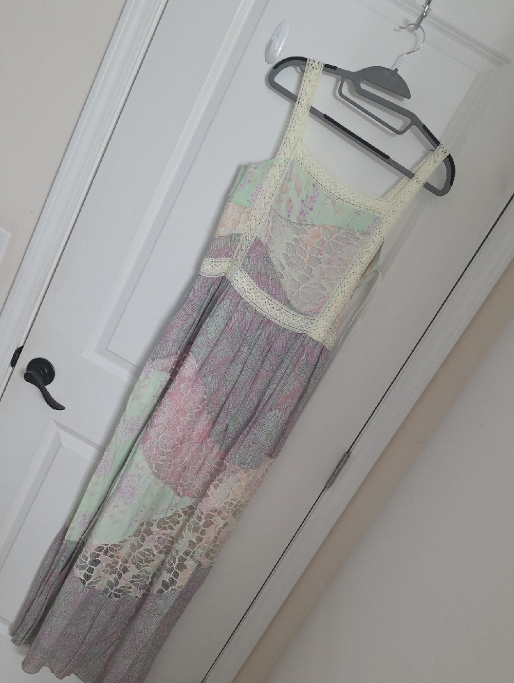 Boho Crochet-Trim Maxi Dress in Pastel Mint & Pink